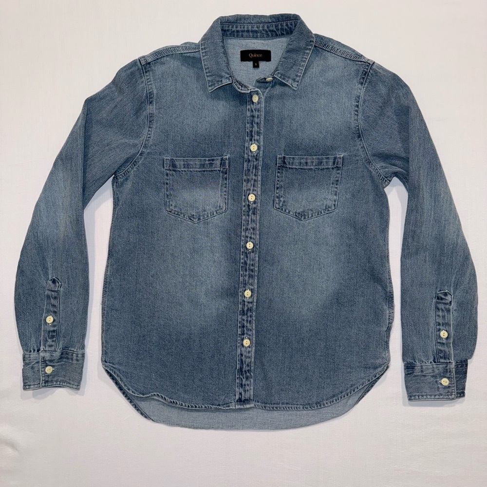 Quince Denim Distressed Button Up